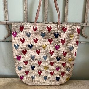 MAR & SOL Amelie Hearts Crocheted Raffia Straw Carryall Tote Bag - PRICE REDUCED